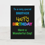 Brother Rainbow Colors on Black Birthday Card Karte<br><div class="desc">Eine farbenfrohe Geburtstagskarte für einen Bruder,  mit bunten Schriftzeichen auf schwarzem Hintergrund,  dem Wort "glücklich" in Gelb und dem Wort "Geburtstag" in Regenbogenfarben.</div>