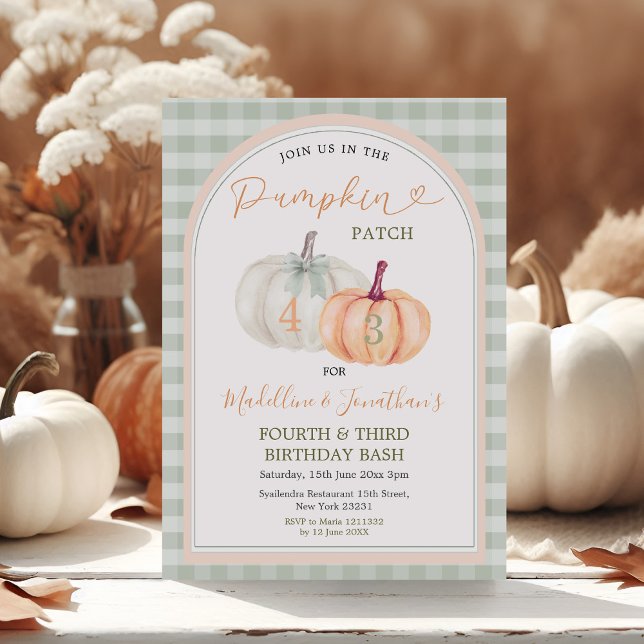 Brother & Sister Pumpkin Patch Gingham Birthday Einladung (Von Creator hochgeladen)