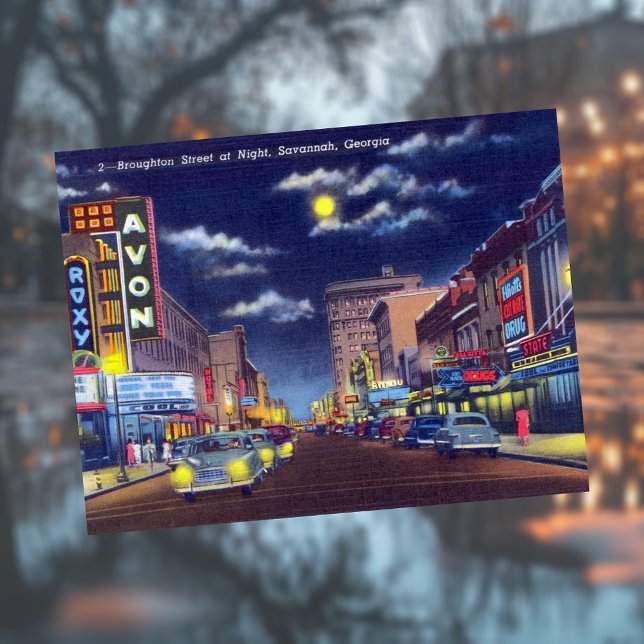 Broughton Street at Night Savannah GA Historic Postkarte (Von Creator hochgeladen)