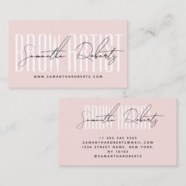 Brow artist modern typography script blush pink visitenkarte (Vorne/Hinten)