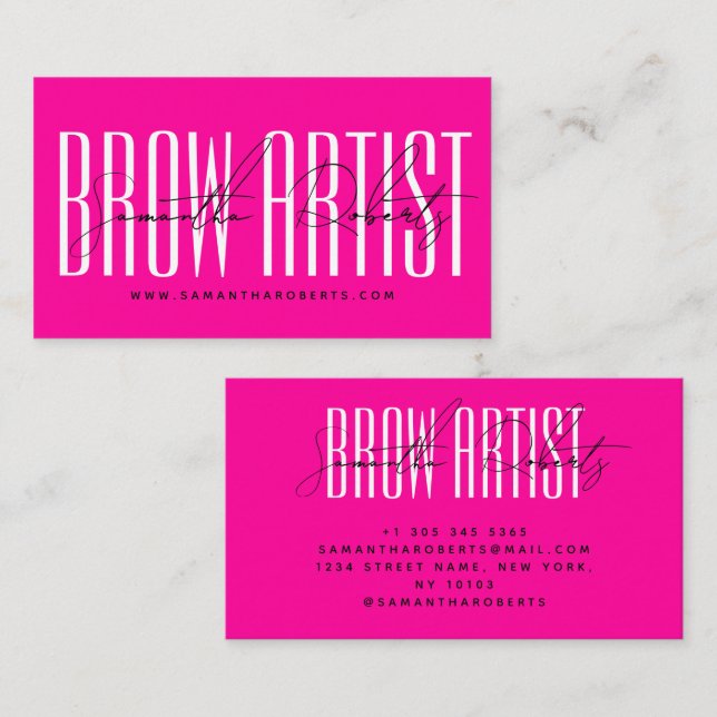 Brow artist modern typography script neon pink visitenkarte (Vorne/Hinten)