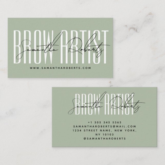 Brow artist modern typography script sage green visitenkarte (Vorne/Hinten)