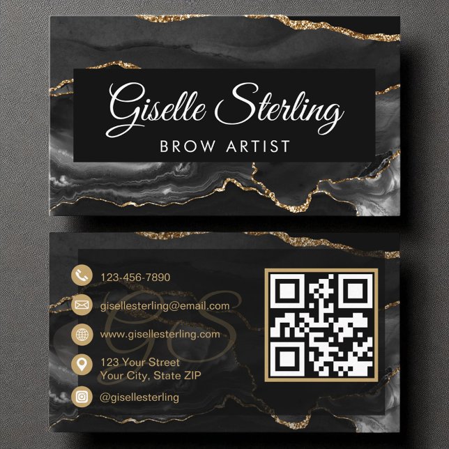 Brow Artist QR Code Black Gold Agate Luxus Visitenkarte (Von Creator hochgeladen)