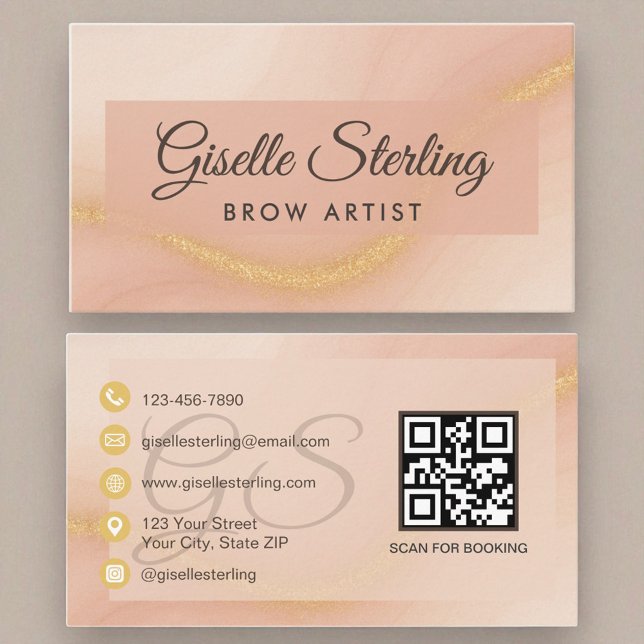 Brow Artist Watercolor Gold Monogram QR Code Visitenkarte (Von Creator hochgeladen)