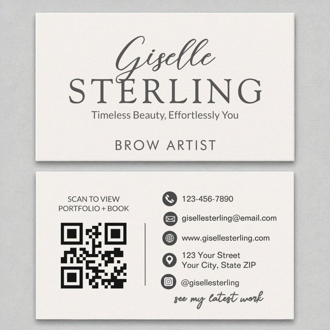 Brow Artist White Script Modern QR Code Visitenkarte (Von Creator hochgeladen)