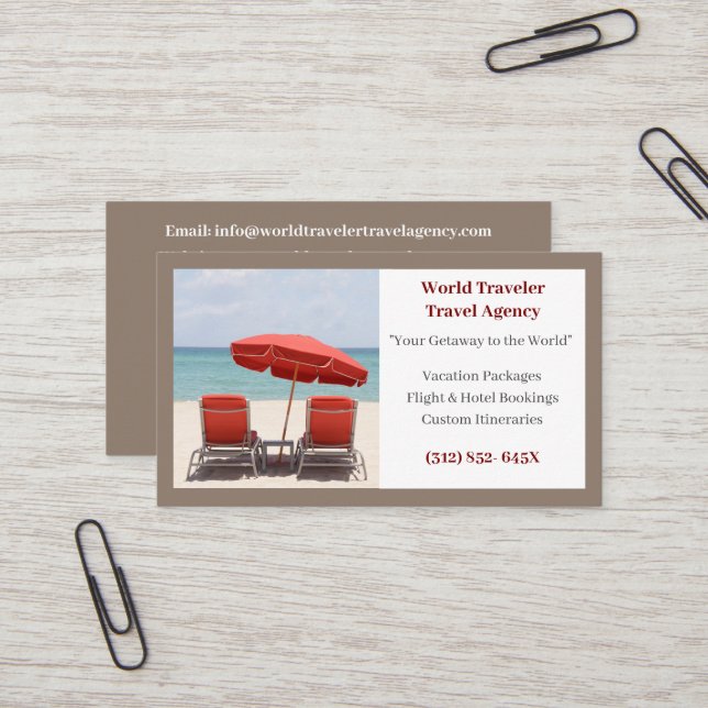 Brown Agent Travel Agency Red Beach Chairs Visitenkarte (Vorderseite/Rückseite Beispiel)