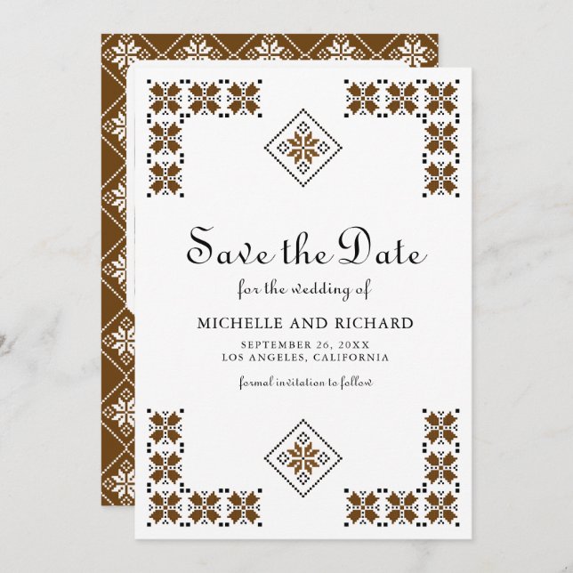 Brown and Black Ukrainian Embroidery Wedding Save The Date (Vorne/Hinten)