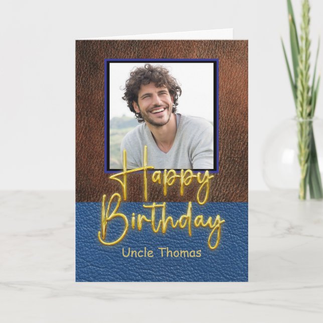 Brown and Blue leather Gold Script Uncle Birthday Karte (Vorderseite)