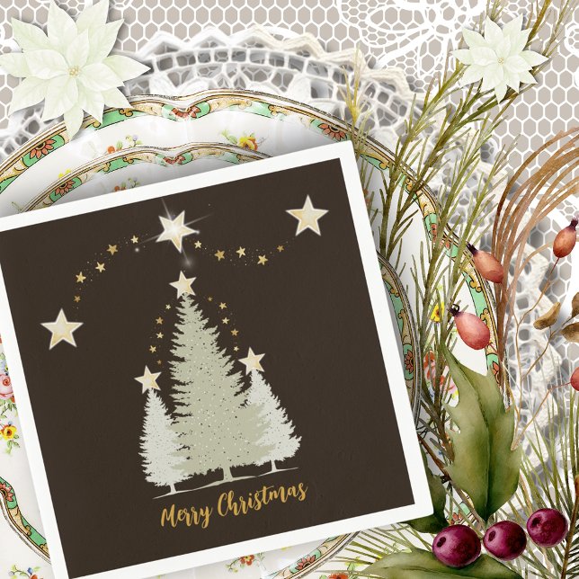 Brown and Gold Christmas Tree and Stars Paper Serviette (Brown and Gold Christmas Tree and Stars Paper Napkins)