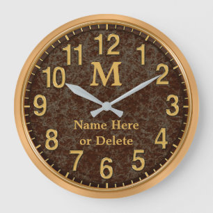 Brown and Gold Monogrammed Personalized Clock Große Wanduhr