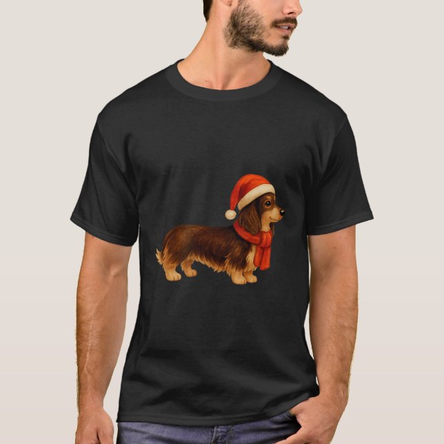 Brown And Tan Christmas Dachshund Santa Hat  T-Shirt (Vorderseite)