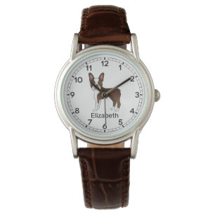 Brown and White Boston Terrier Cartoon Dog & Name Armbanduhr