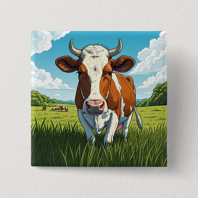 Brown and white Cow standing in a field of grass Button (Vorderseite)