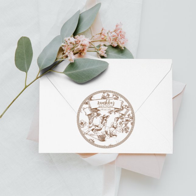 Brown and White Toile de Jouy Brautparty Runder Aufkleber (Von Creator hochgeladen)