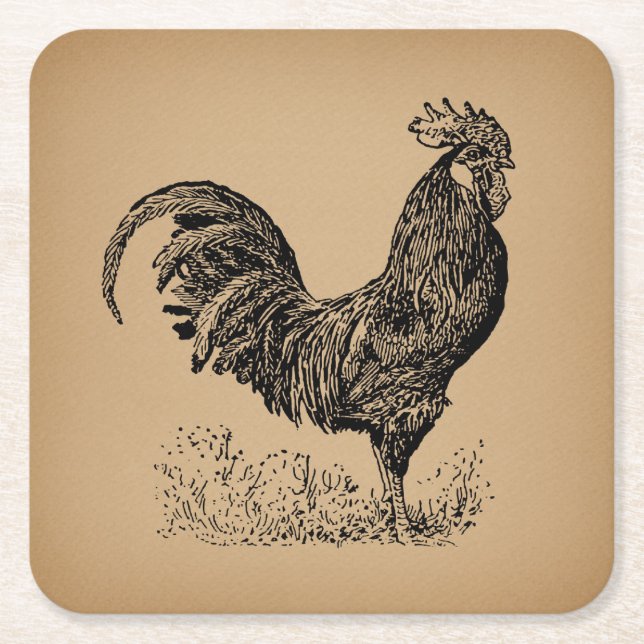 Brown Antique Rooster Illustration Hühnerparadies Rechteckiger Pappuntersetzer (Vorderseite)