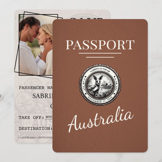 Brown Australia Passport Save the Date (Vorne/Hinten)