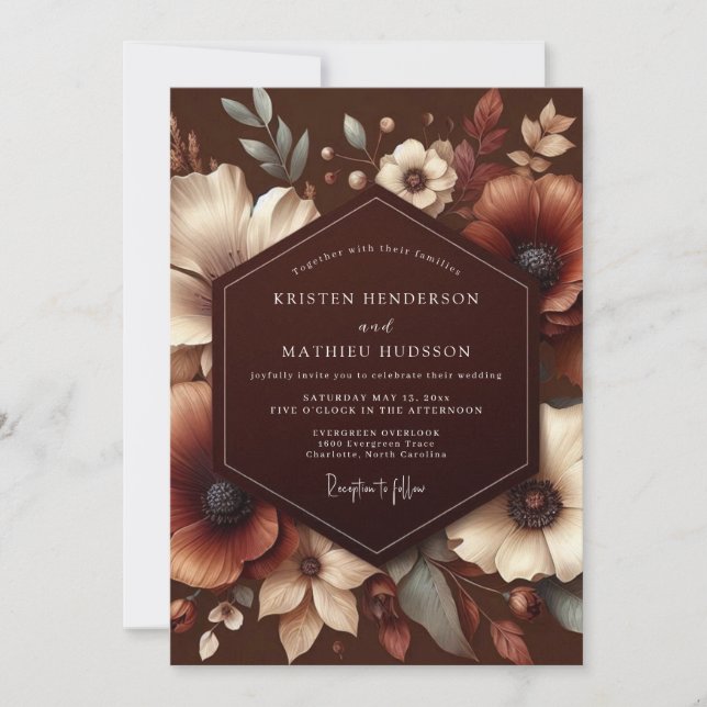 Brown Autumn Bloom Wedding Einladung (Vorderseite)