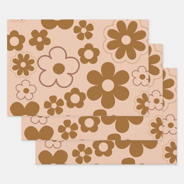 Brown Autumn Retro Y2K Hippie Blume Muster Geschenkpapier Set (Set)