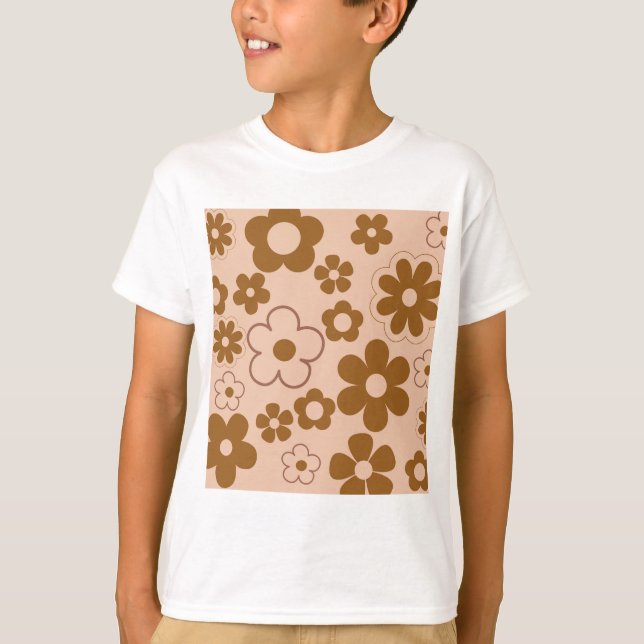 Brown Autumn Retro Y2K Hippie Blume Muster T-Shirt (Vorderseite)