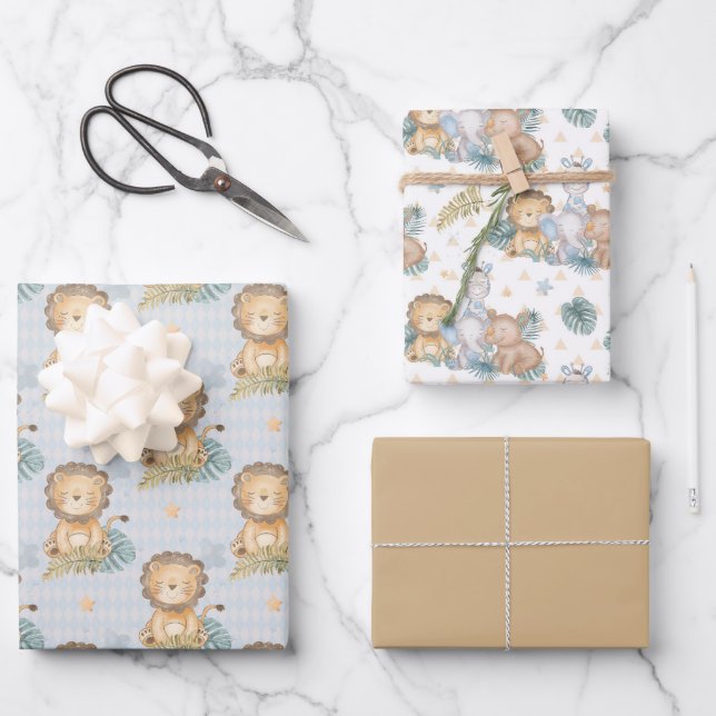 Brown Baby Lion Elephant Rhino Geschenkpapier Set (Vorderseite)