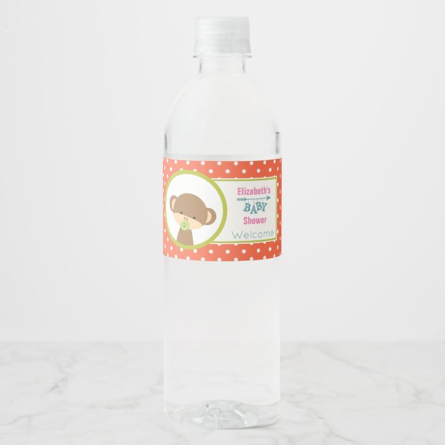 Brown Baby Monkey mit Schnuller Baby Dusche Wasserflaschenetikett (Vorderseite)