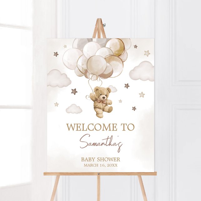 Brown Balloon Bear Baby Dusche Willkommen Poster (Gender Neutral Bear Balloon Baby Shower Welcome Sign)