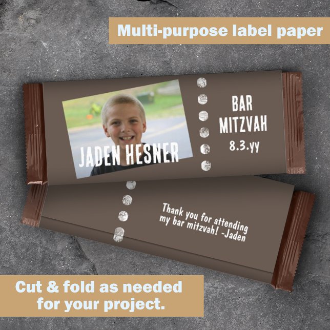 Brown Bar Mitzvah Custom Candy Bar Wrapper (brown bar mitzvah personalized chocolate candy bar label, photo budget cheap low cost DIY wrapper)