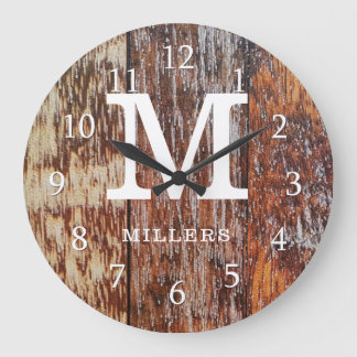 Brown Barn Wood Farmhouse Monogram Große Wanduhr