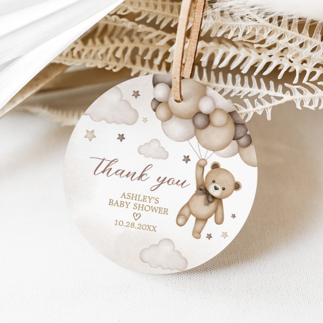 Brown Bear Balloon Babydusche rund Geschenkanhänger (Brown Bear Balloon Baby Shower Round Favor Tags)