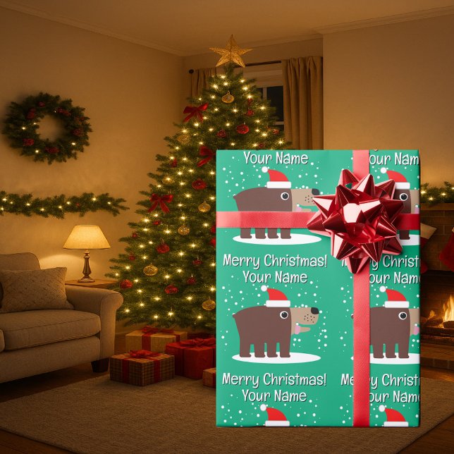 Brown bear cartoon with santa hat custom Christmas Geschenkpapier (Christmas wrapping paper with cute Santa bear cartoon)