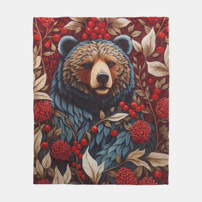 Brown Bear Red Berries William Morris Inspiriert Fleecedecke (Vorderseite)