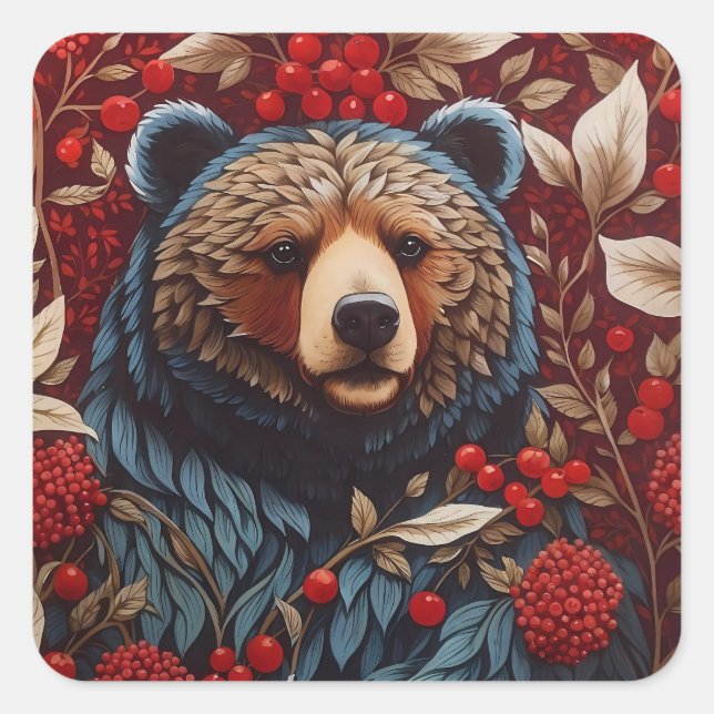 Brown Bear Red Berries William Morris Inspiriert Quadratischer Aufkleber (Vorderseite)