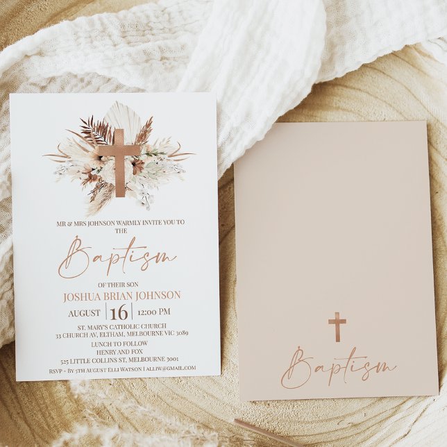 Brown Beige Boho Floral Taufe Einladung (Modern bohemian floral gender neutral baptism invitation also featuring a modern calligraphy font.)