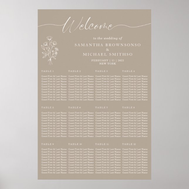 Brown Beige Botanical Floral Welcome Wedding Poster (Vorne)
