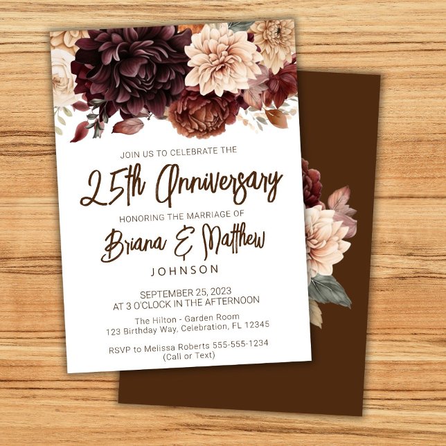 Brown Beige Floral 25. Hochzeitstag Einladung (Von Creator hochgeladen)