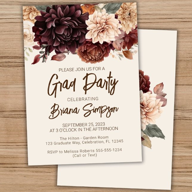 Brown Beige Ivory Floral Abschluss Grad Party Einladung (Von Creator hochgeladen)