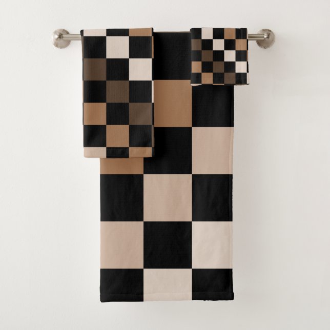 Brown Black Checkered Gingham Pattern Badhandtuch Set (Insitu)