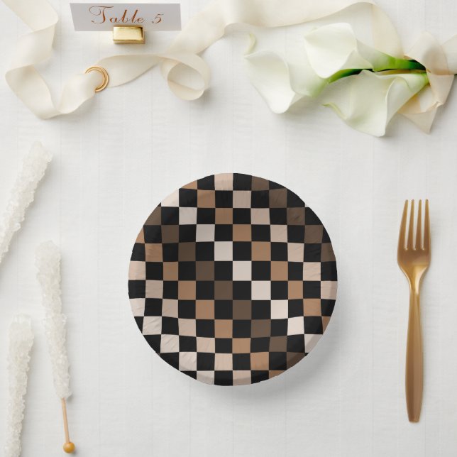 Brown Black Checkered Gingham Pattern Pappteller (Hochzeit)