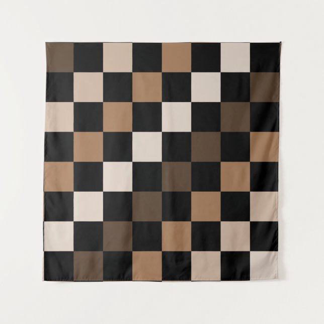 Brown Black Checkered Gingham Pattern Wandteppich (Vorderseite)