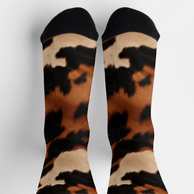 Brown Black Cream Faux Cow Print Socken (Oben)