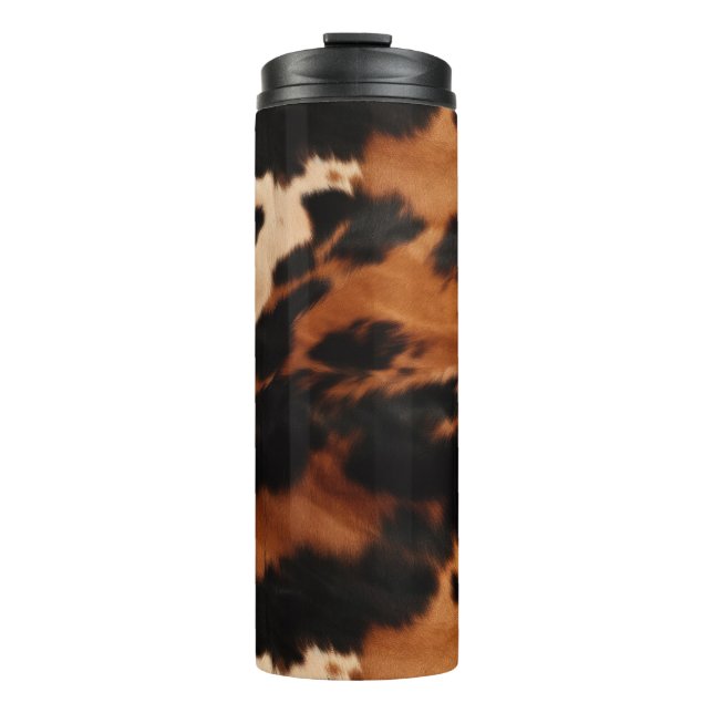 Brown Black Cream Faux Cow Print Thermosbecher (Vorderseite)