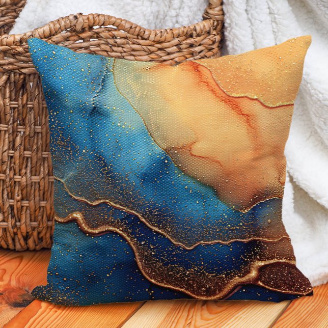 Brown Blue Abstrakt Alcohol Ink Artistic Kissen (Teal/blue and orange marbled abstract decorator pillow)