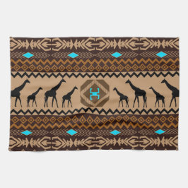Brown Blue & Beige African Pattern & Giraffe Handtuch
