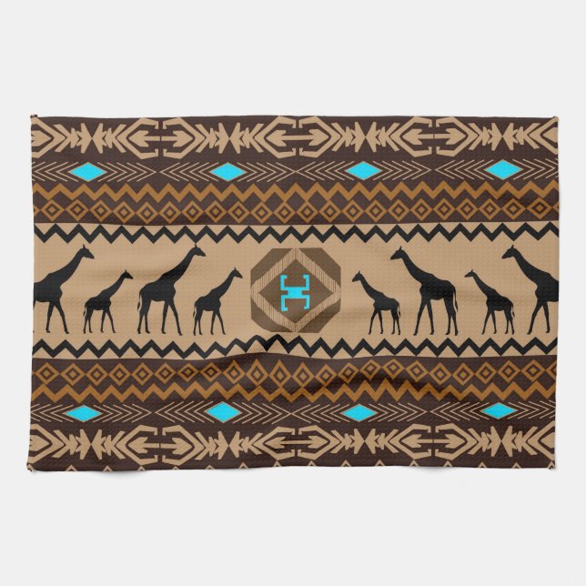 Brown Blue & Beige African Pattern & Giraffe Handtuch (Horizontal)