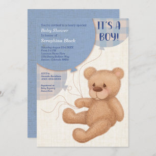 Brown Blue Boys Teddy Bear Baby Shower Einladung