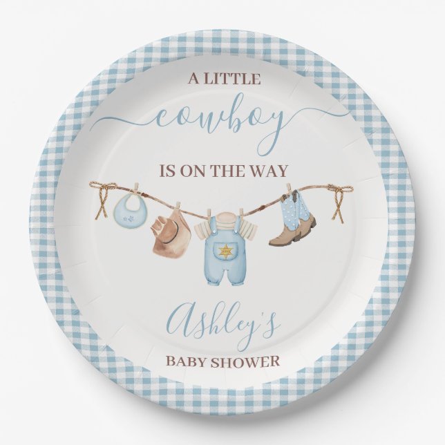 Brown Blue Cothesline Cowboy Baby Dusche Pappteller (Vorderseite)