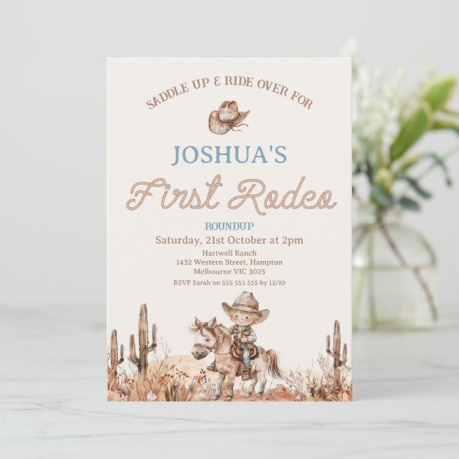 Brown Blue Cowbot First Rodeo 1. Geburtstag Einladung (Stehend Vorderseite)