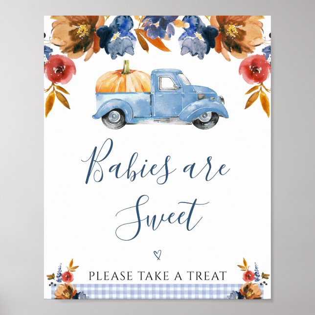 Brown Blue Floral Little Pumpkin Truck Baby Dusche Poster (Vorne)