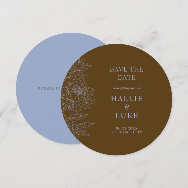 Brown & Blue Peony Wedding Round Save the Date Einladung (Vorne/Hinten)