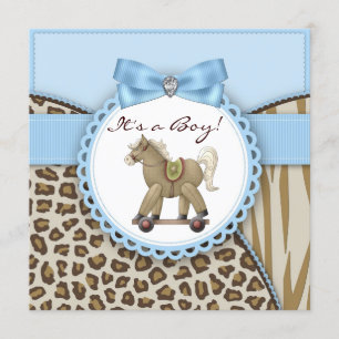 Brown Blue Rocking Horse Baby Boy Dusche Einladung